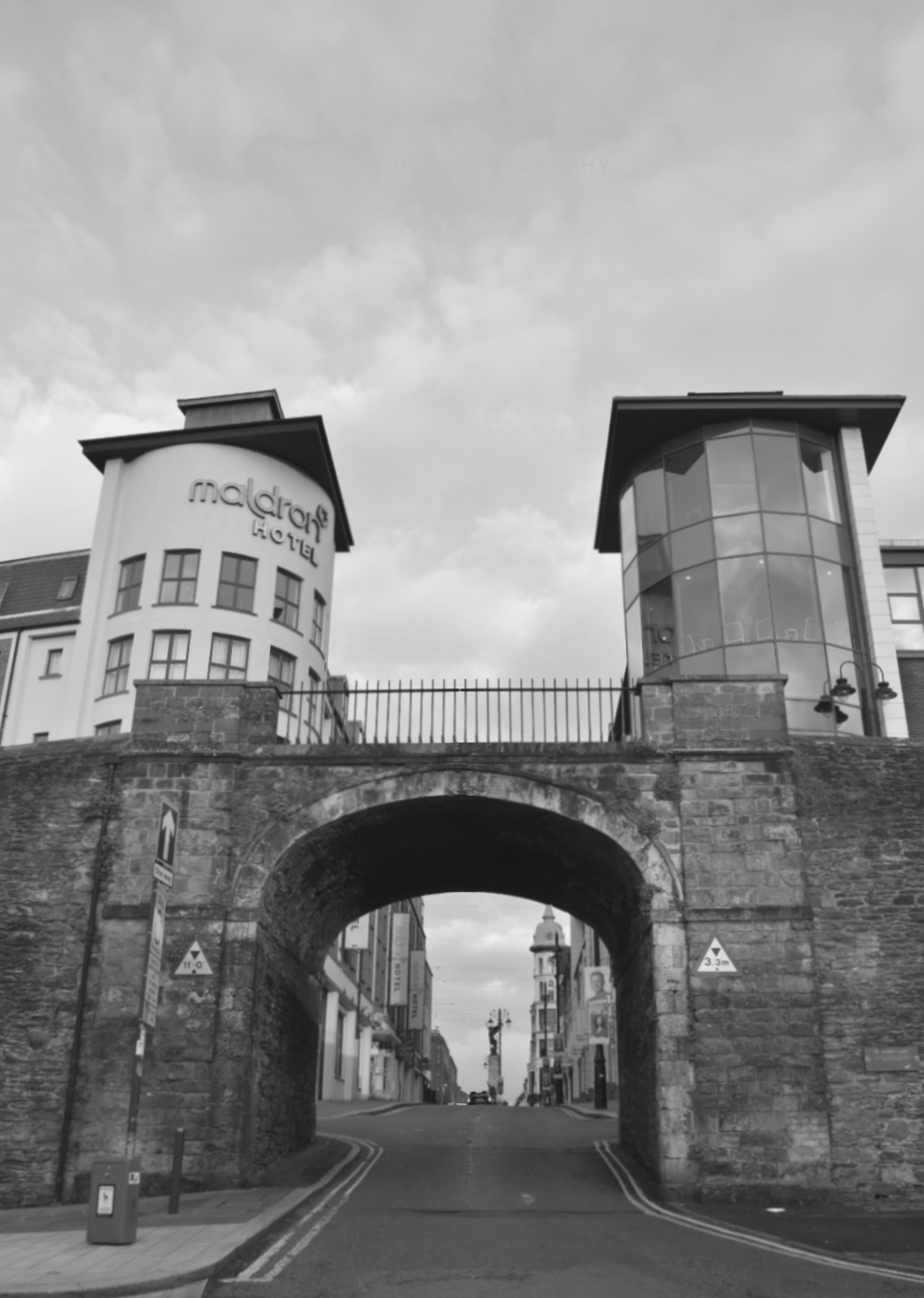 Black and white photograph of Derry city architecture